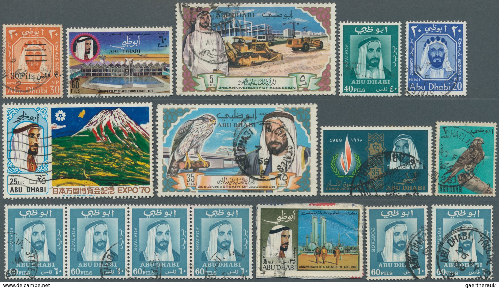 22000 Abu Dhabi: 1966/1972, Lot Of 23 Commercially Used Stamps (some With Inevitable Marks), Incl. 1972 UA - Abu Dhabi