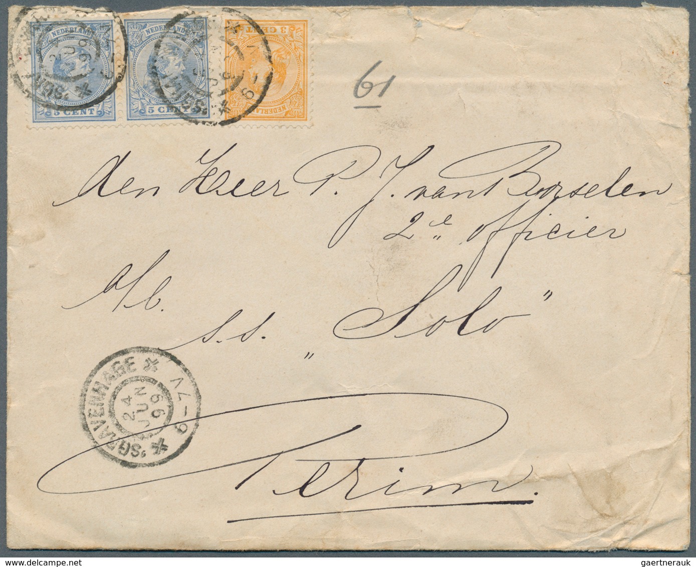 22002 Aden: 1899, Incoming Mail, PERIM: Netherlands 5 C. (pair) 3 C. Tied S'GRAVENHAGE 24 JUN 99" To 2nd O - Jemen