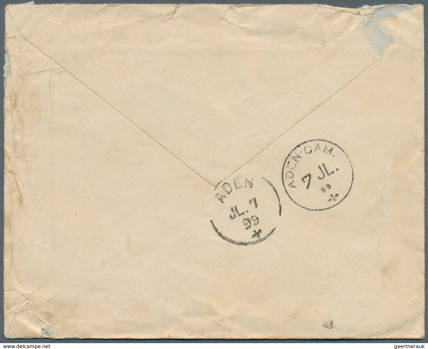 22002 Aden: 1899, Incoming Mail, PERIM: Netherlands 5 C. (pair) 3 C. Tied S'GRAVENHAGE 24 JUN 99" To 2nd O - Jemen