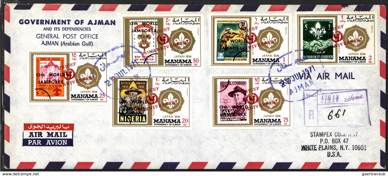22086 Adschman - Manama / Ajman - Manama: 1971, Group Of Five Registered Airmail Covers To USA With Arriva - Manama
