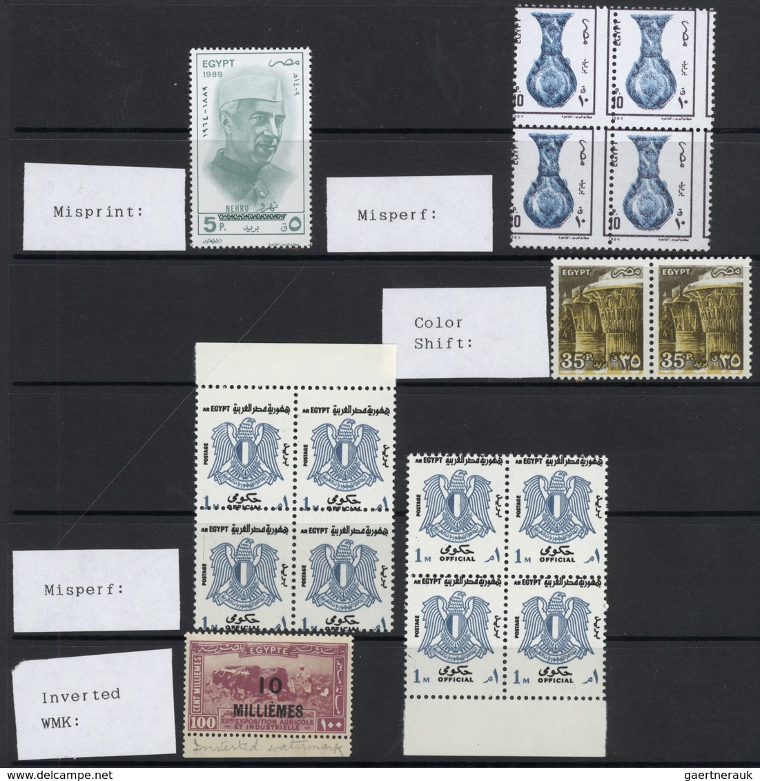 22123 Ägypten: 1920-90, Stockcard With Errors And Varieties, Inverted Watermark, Shifted Colors In Pair, M - 1915-1921 Protectorat Britannique