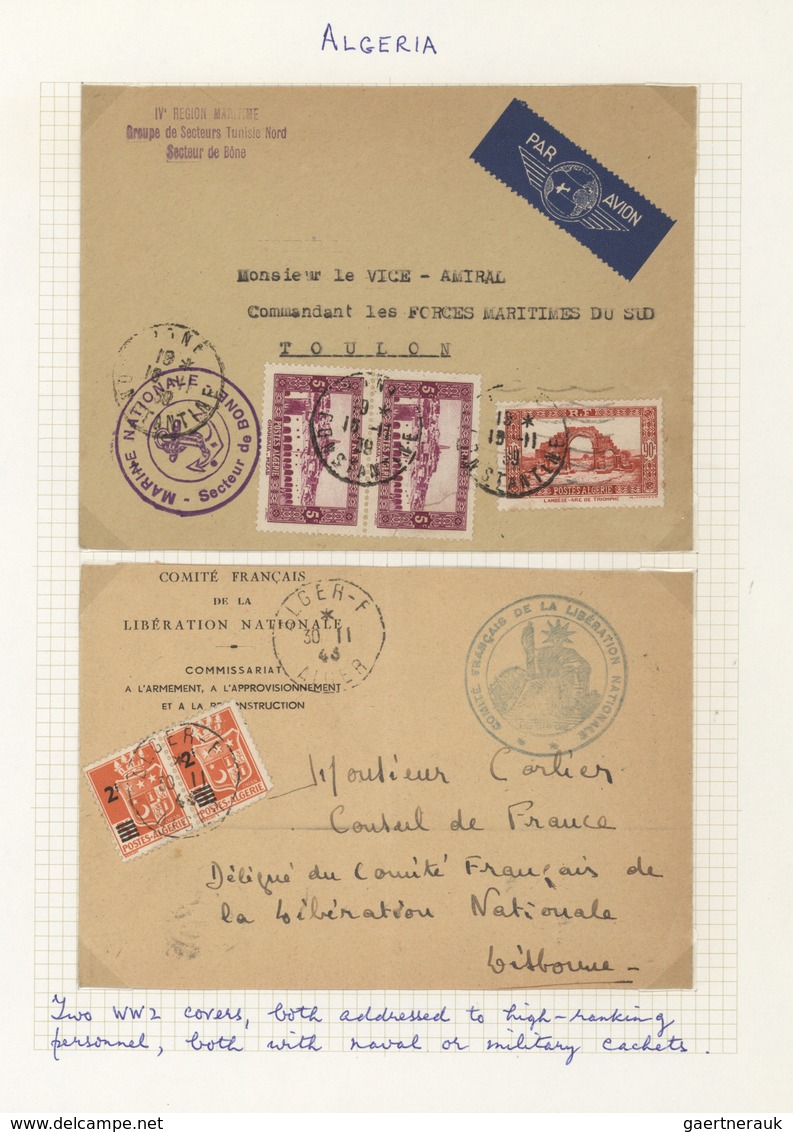 22165 Algerien: 1915/1960: Collection Of 56 Covers And Postal Stationery On Sheets, World War II With Rare - Algérie (1962-...)