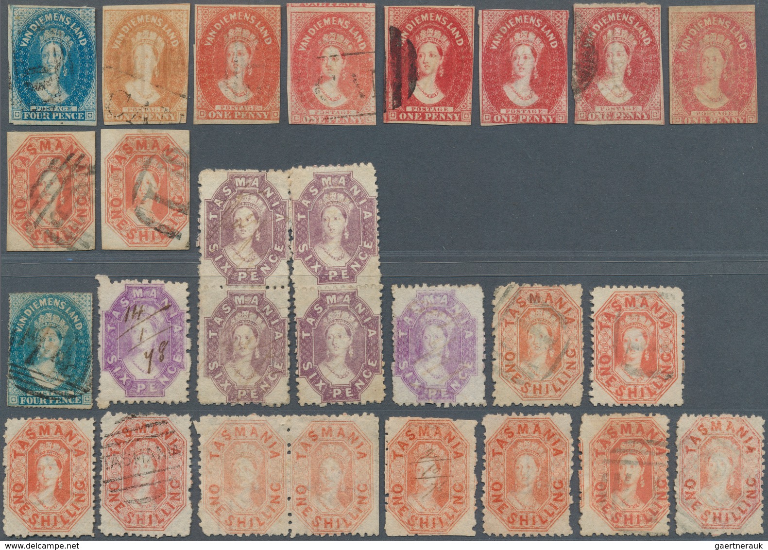 22209 Tasmanien: 1853-1900's: Collection Of Mint And Used Stamps Including Three Singles Of 1853 4d. Orang - Lettres & Documents