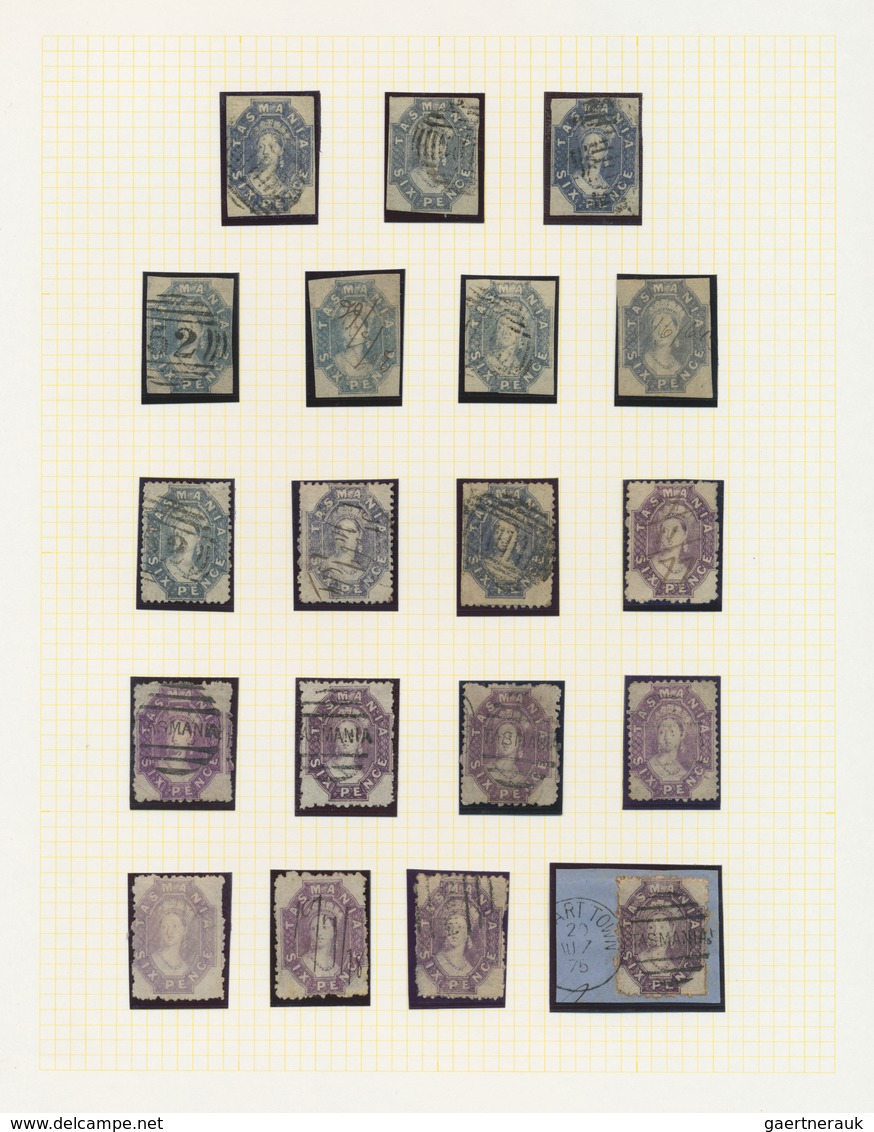 22212 Tasmanien: 1857/1872 (ca.), Specialised Used Collection Of 6d. Lilac/violet (26) And 1s. Orange (11) - Lettres & Documents