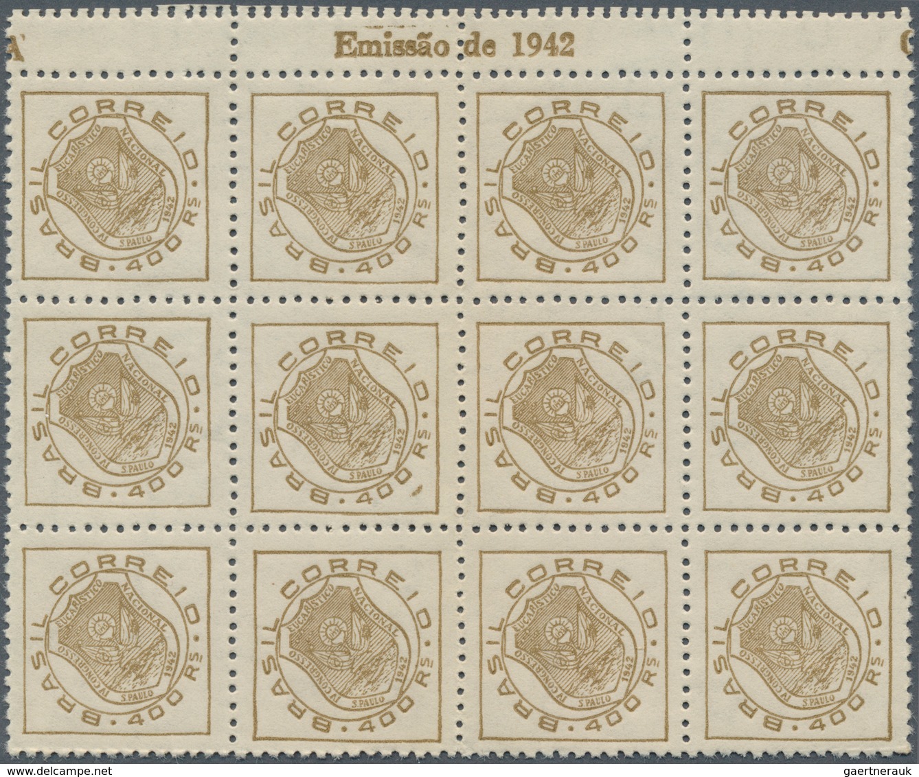 22303 Brasilien: 1942, Eucharistic Congress 400r. Olive-brown With Scarce Wmk. 16 (5 Mm Letters) In A Lot - Autres & Non Classés