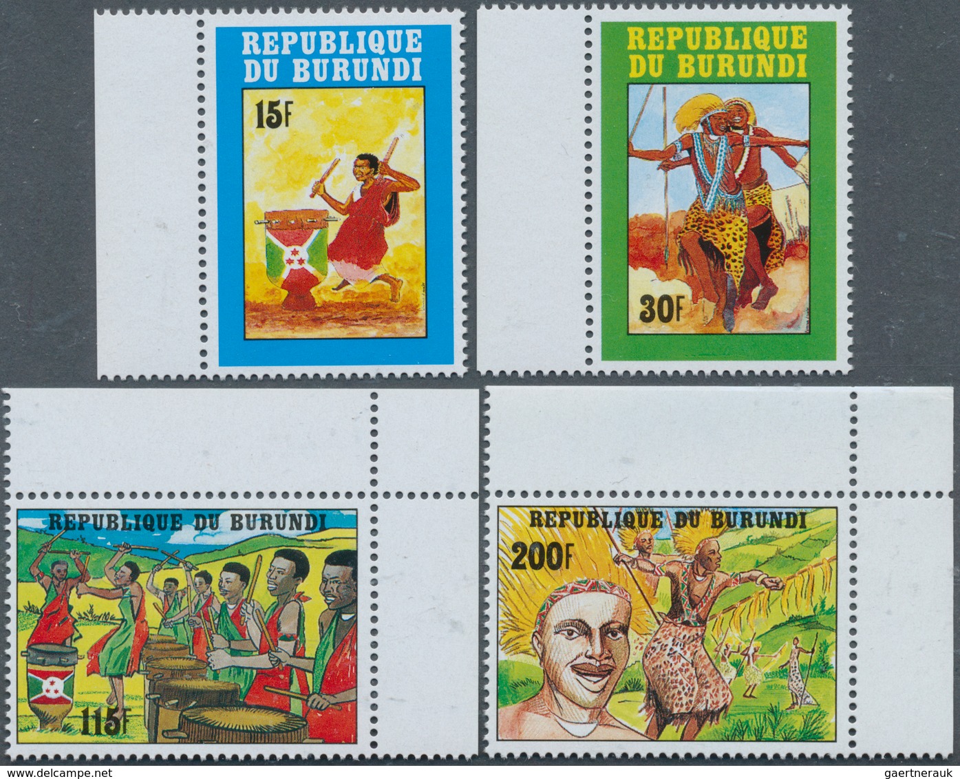 22334 Burundi: 1992, Traditional Dances Complete Set Of Four In A Lot With 750 Sets Mostly In Large Blocks - Neufs