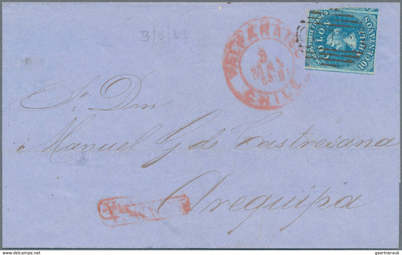 22377 Chile: 1858/1876, Five Letters Including One Front Franked With Imperforated 5 And 10 C. And Prefora - Cile