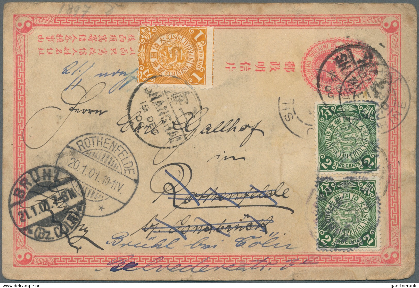 22385 China: 1893/1914, Small Lot With Three Post Card, Containing 1 C Postal Stationery Card With Additio - Autres & Non Classés