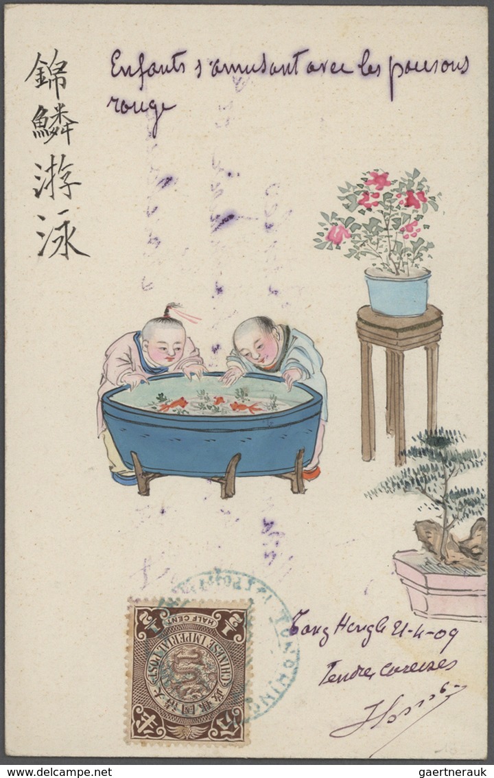 22392 China: 1900/32 (ca.), Hand Painted Picture Post Cards Often On Reverse Of Stationery (99, Inc. Eroti - Autres & Non Classés