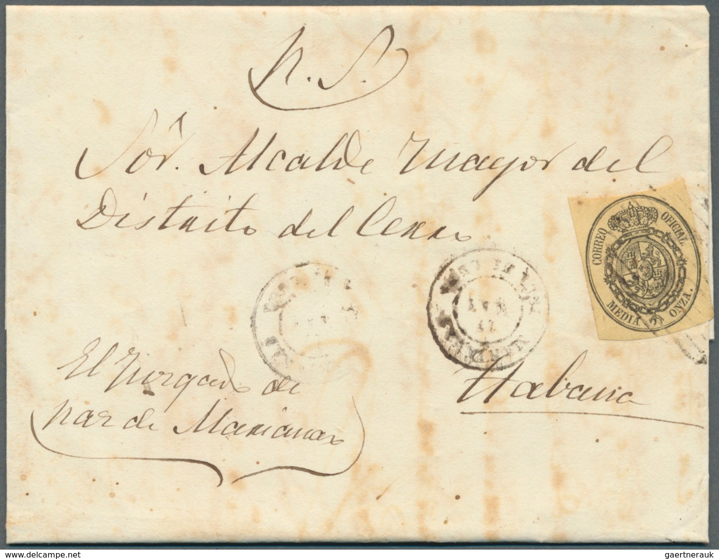 22482 Cuba: 1858/1867: Group Of 5 Letters, One With 1 Onza Black On Rose And 1/2 Onza Black On Yello, The - Sonstige & Ohne Zuordnung