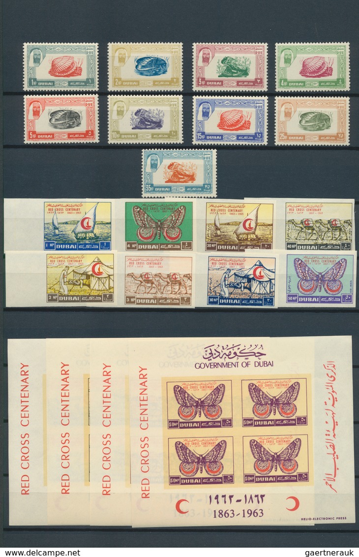 22509 Dubai: 1963/1972, U/m Collection In A Stockbook Incl. Imperf. Issues And Souvenir Sheets. Nice Oppor - Dubai