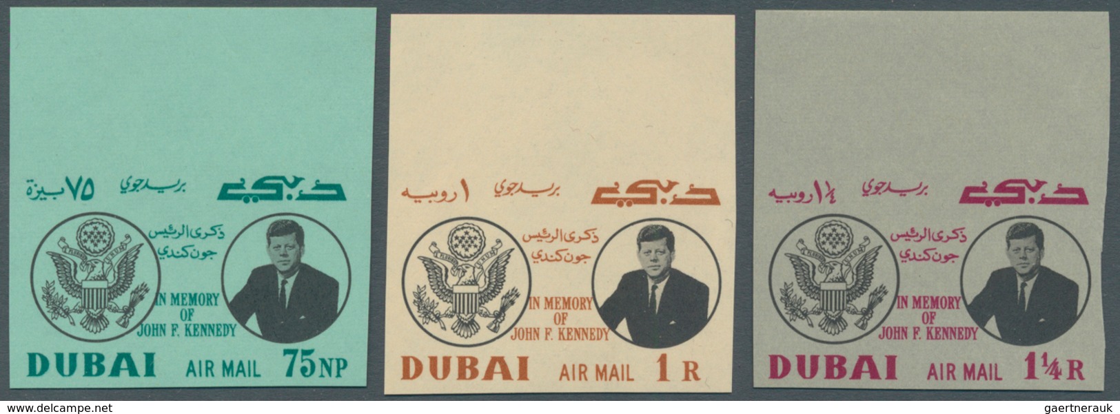 22545 Dubai: 1964, 1st Death Anniversary Of John F. Kennedy Set Of Three Imperforate Stamps In An Investme - Dubai