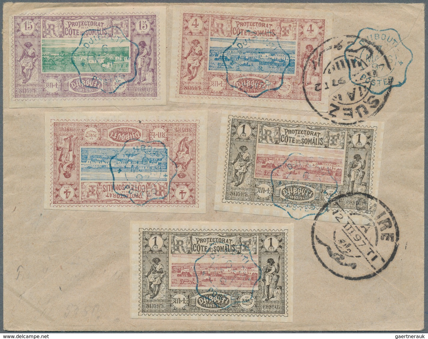 22597 Französische Somaliküste: 1897/1903, Lot Of Ten Entires Bearing Frankings "Djibouti Views" Incl. Ove - Usati