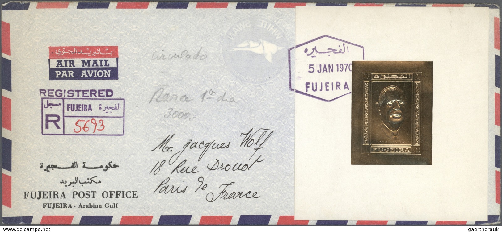 22611 Fudschaira / Fujeira: 1970, Three Registered Air Mail Letters With Gold Stamps From The Fujeira Post - Fujeira