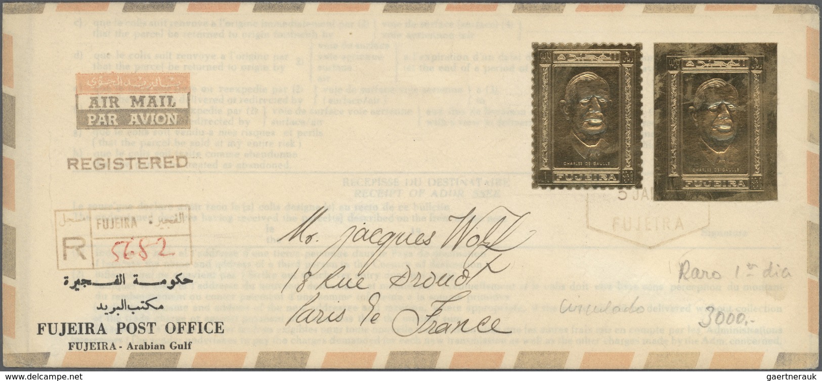22611 Fudschaira / Fujeira: 1970, Three Registered Air Mail Letters With Gold Stamps From The Fujeira Post - Fujeira