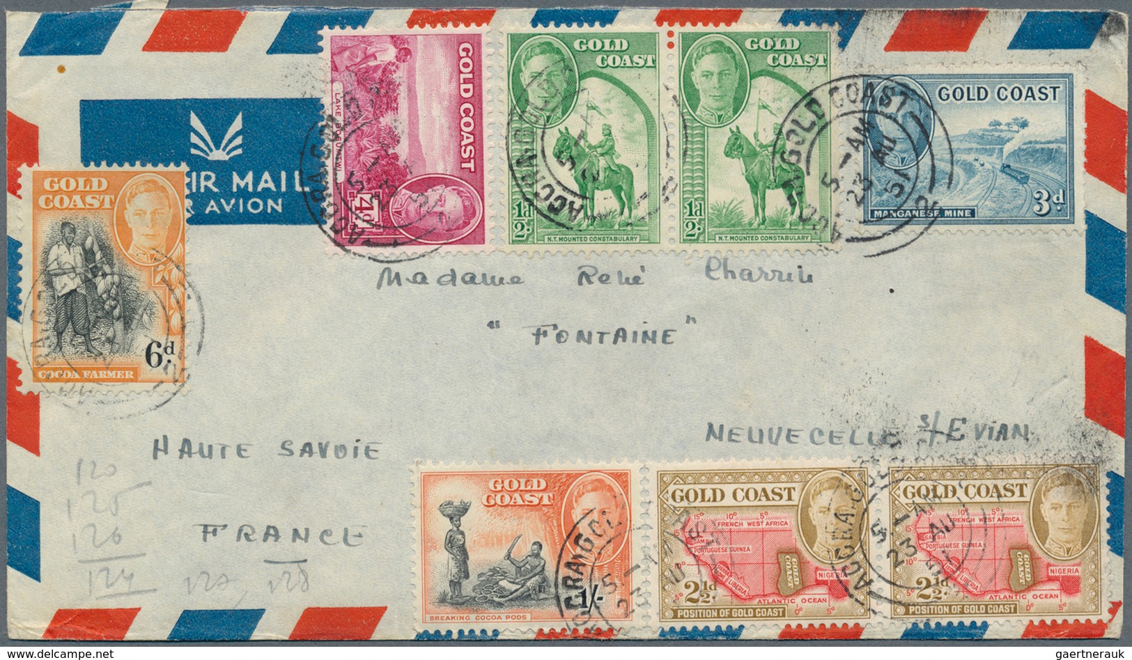 22634 Goldküste: 1951-55 Eight Airmail Covers To France With Attractive KGVI. And QEII. Frankings, Sent Fr - Côte D'Or (...-1957)