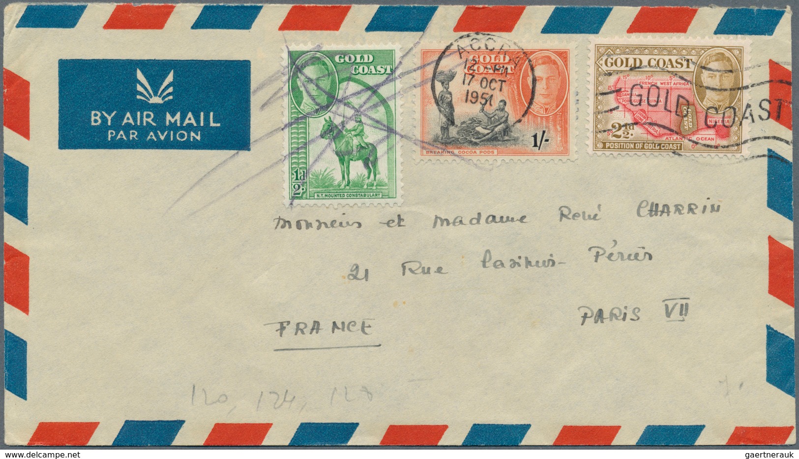 22634 Goldküste: 1951-55 Eight Airmail Covers To France With Attractive KGVI. And QEII. Frankings, Sent Fr - Côte D'Or (...-1957)