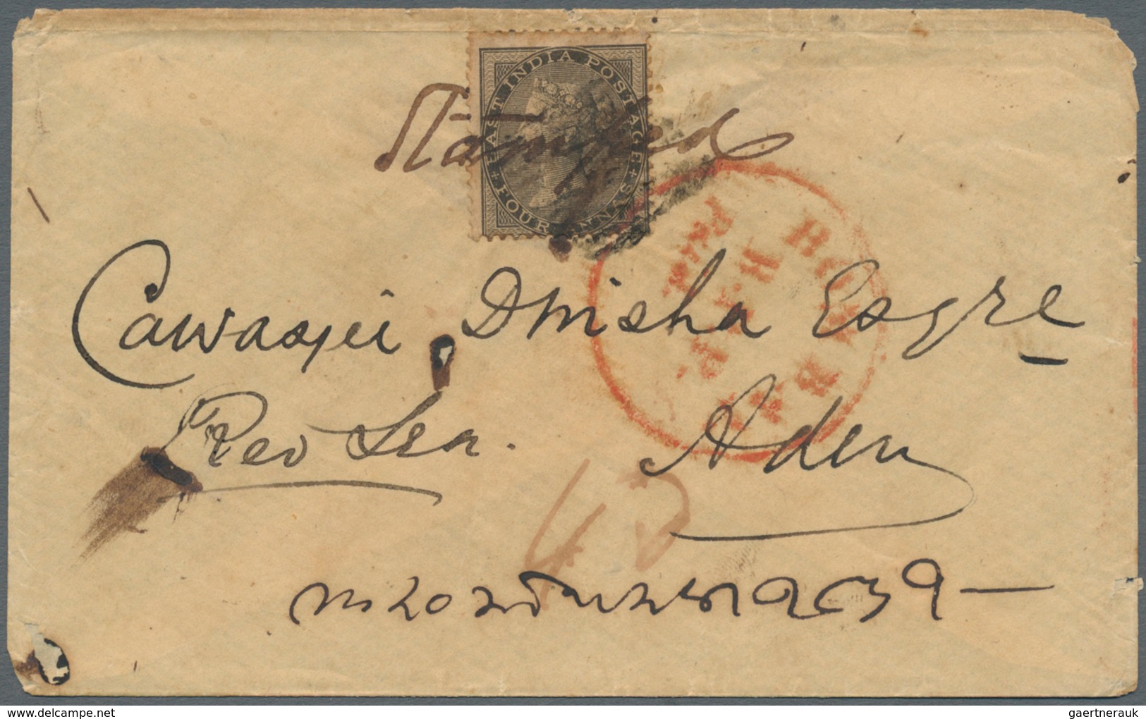 22702 Indien: 1859-61: Three Franked Covers To Aden All With The Scarce Large Circled Handstamp "BOMBAY/B. - Autres & Non Classés