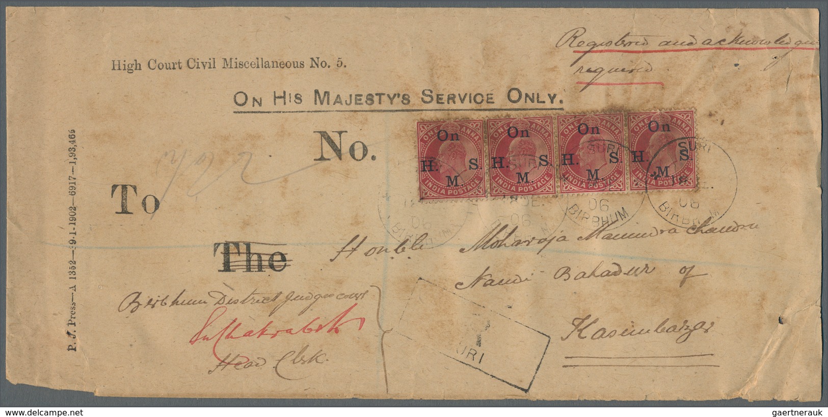 22715 Indien: 1902-09: Five Covers (three Officials, Three Registered) To The Honorable Maharaja Manindra - Autres & Non Classés