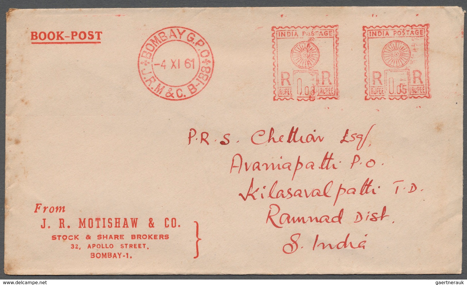 22739 Indien - Stempel: 1935 - 1958, Ca. 60 Absenderfreistempler (AFS) Aus Verschiedenen Städten Und Versc - Autres & Non Classés