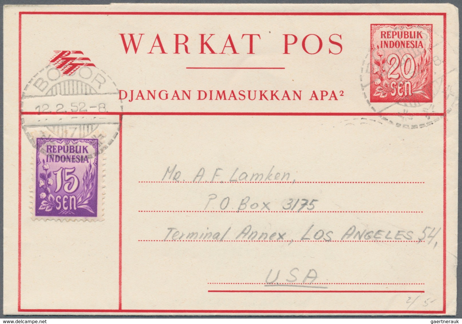 22781 Indonesien: 1949/97 (ca.), stationery envelopes (warkat pos / postblad) specialized stock: 10 S. (mi