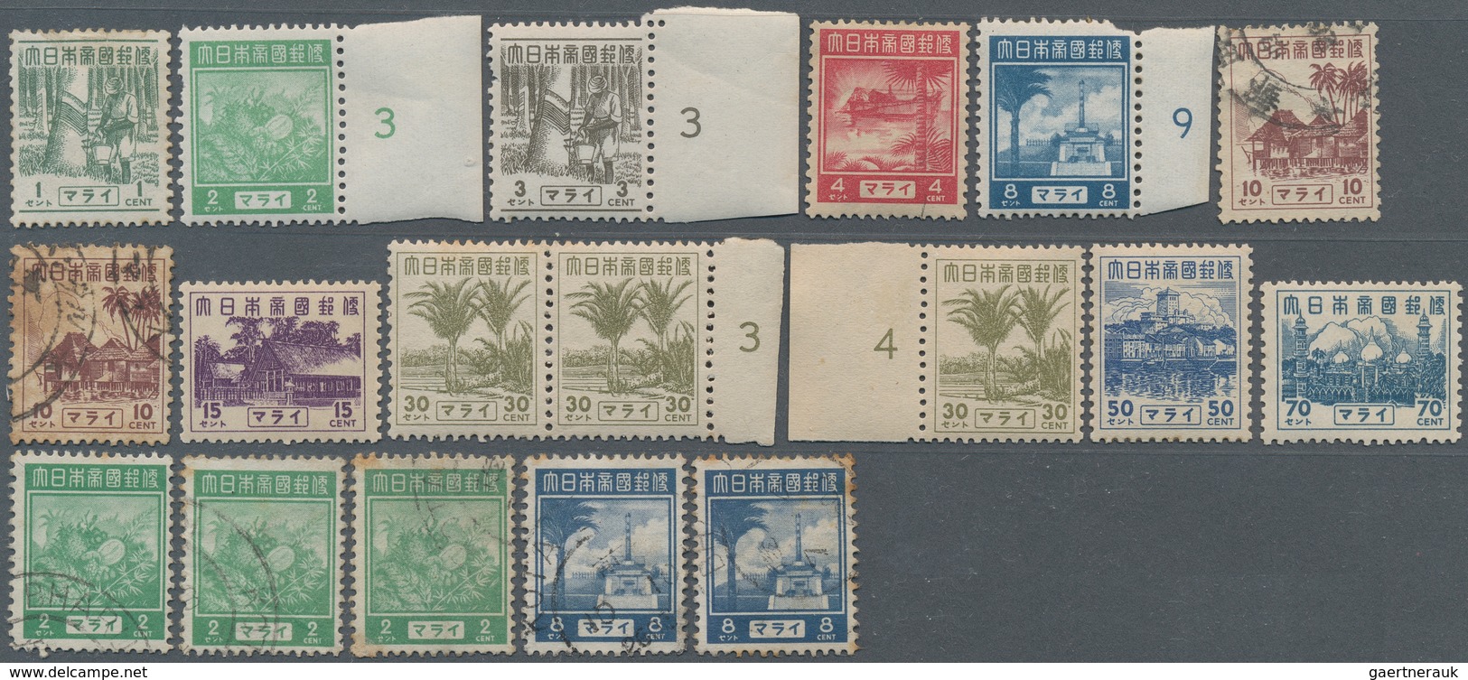 22940 Japanische Besetzung  WK II - Malaya: Japanese Stamps Used In Malaya, 1942/45: 30 Copies Inc. On Pie - Malaysia (1964-...)