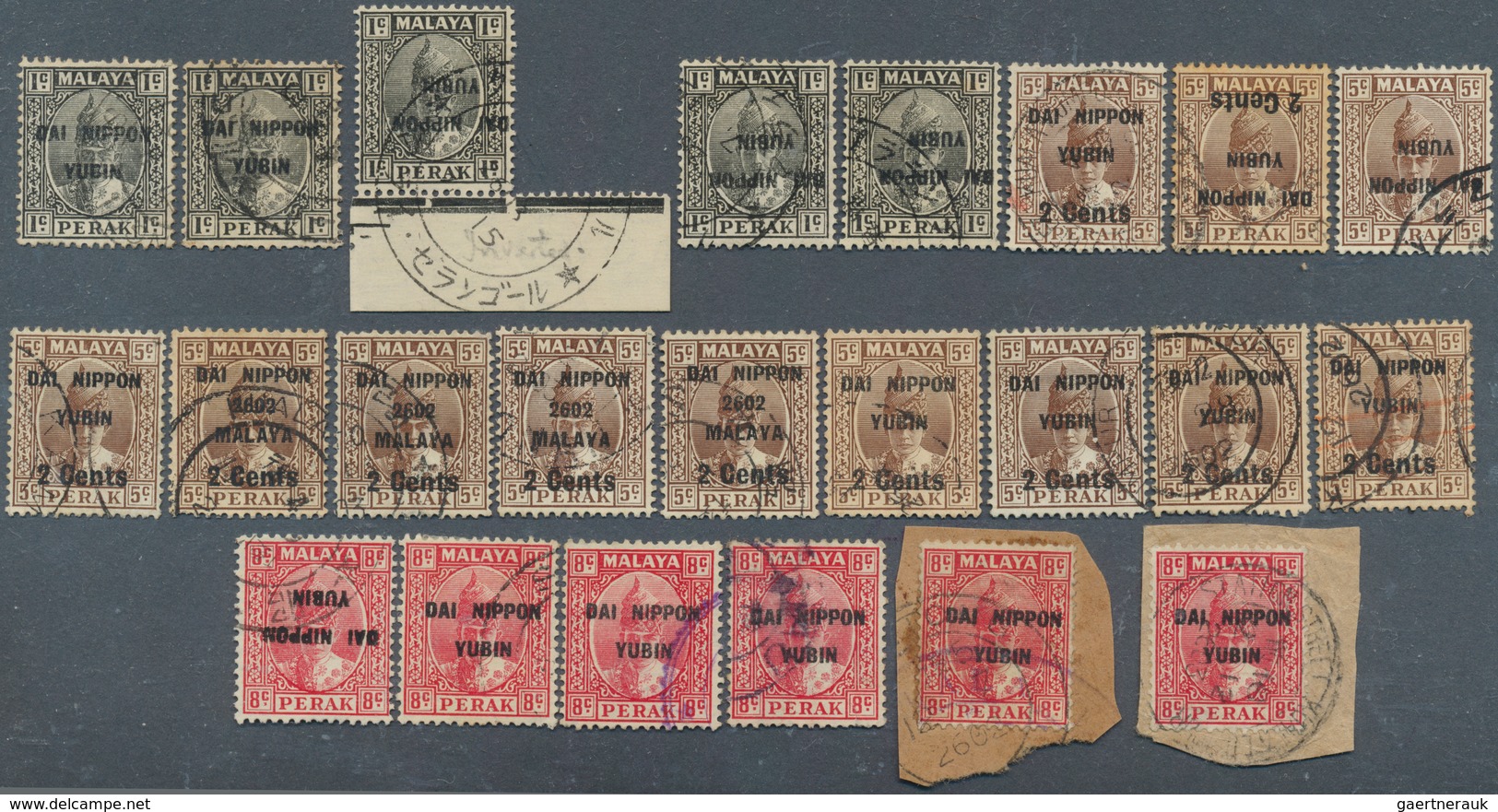 22941 Japanische Besetzung  WK II - Malaya: General Issues, Perak, 1942, Ovpt. T17 Used Inc. Inverts On 1 - Malaysia (1964-...)