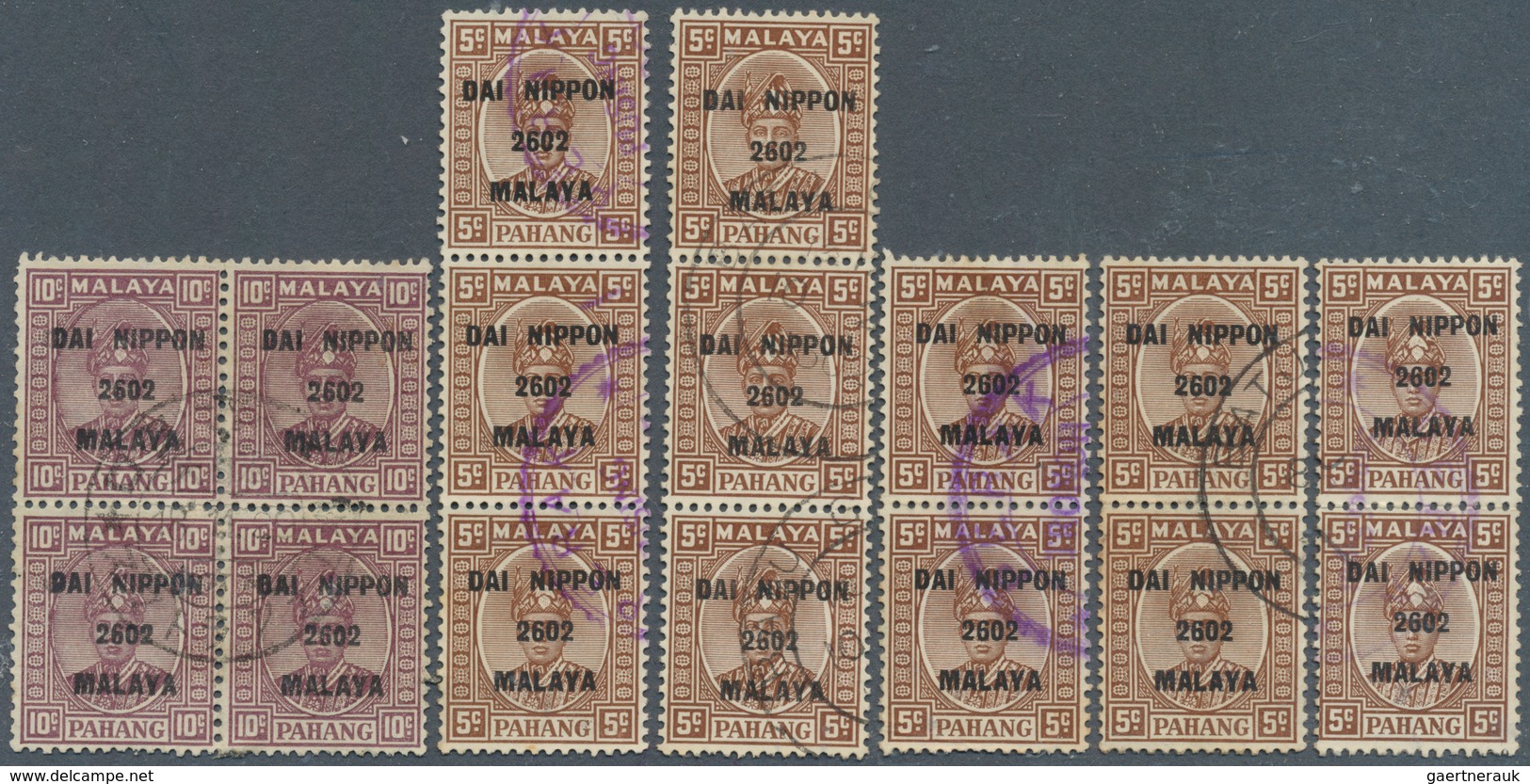 22943 Japanische Besetzung  WK II - Malaya: General issues, Pahang, 1942, ovpts. T16 resp. T2 mint and use