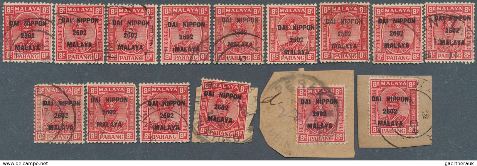 22943 Japanische Besetzung  WK II - Malaya: General issues, Pahang, 1942, ovpts. T16 resp. T2 mint and use