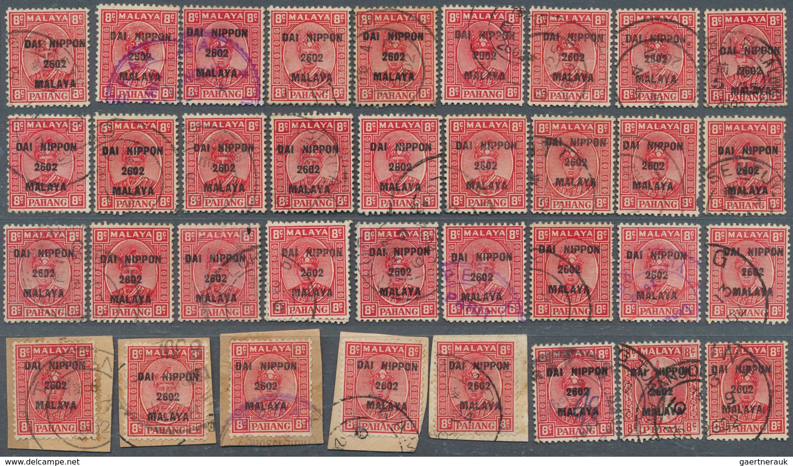 22943 Japanische Besetzung  WK II - Malaya: General issues, Pahang, 1942, ovpts. T16 resp. T2 mint and use