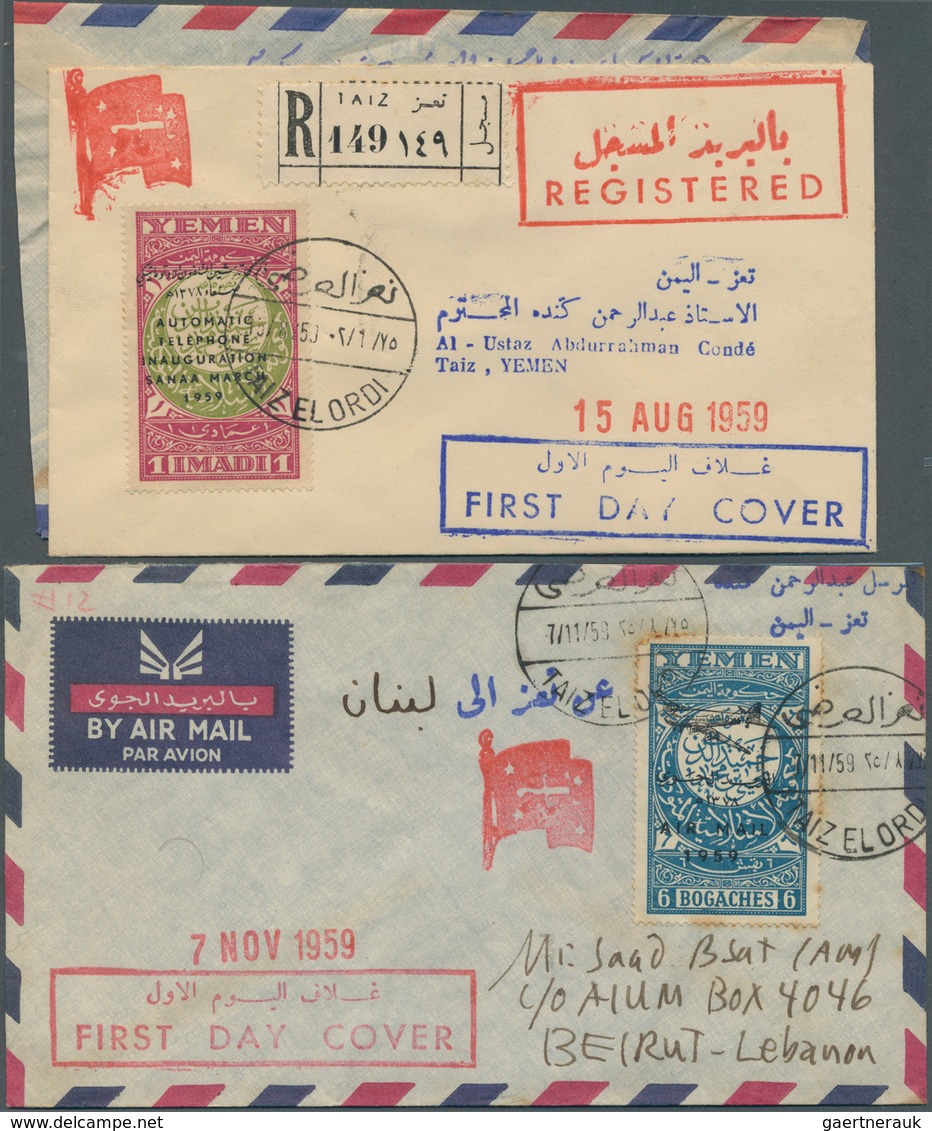 23003 Jemen: 1940-70, Album containing early covers and cards few scarce postal stationerys, FDC, scarce c