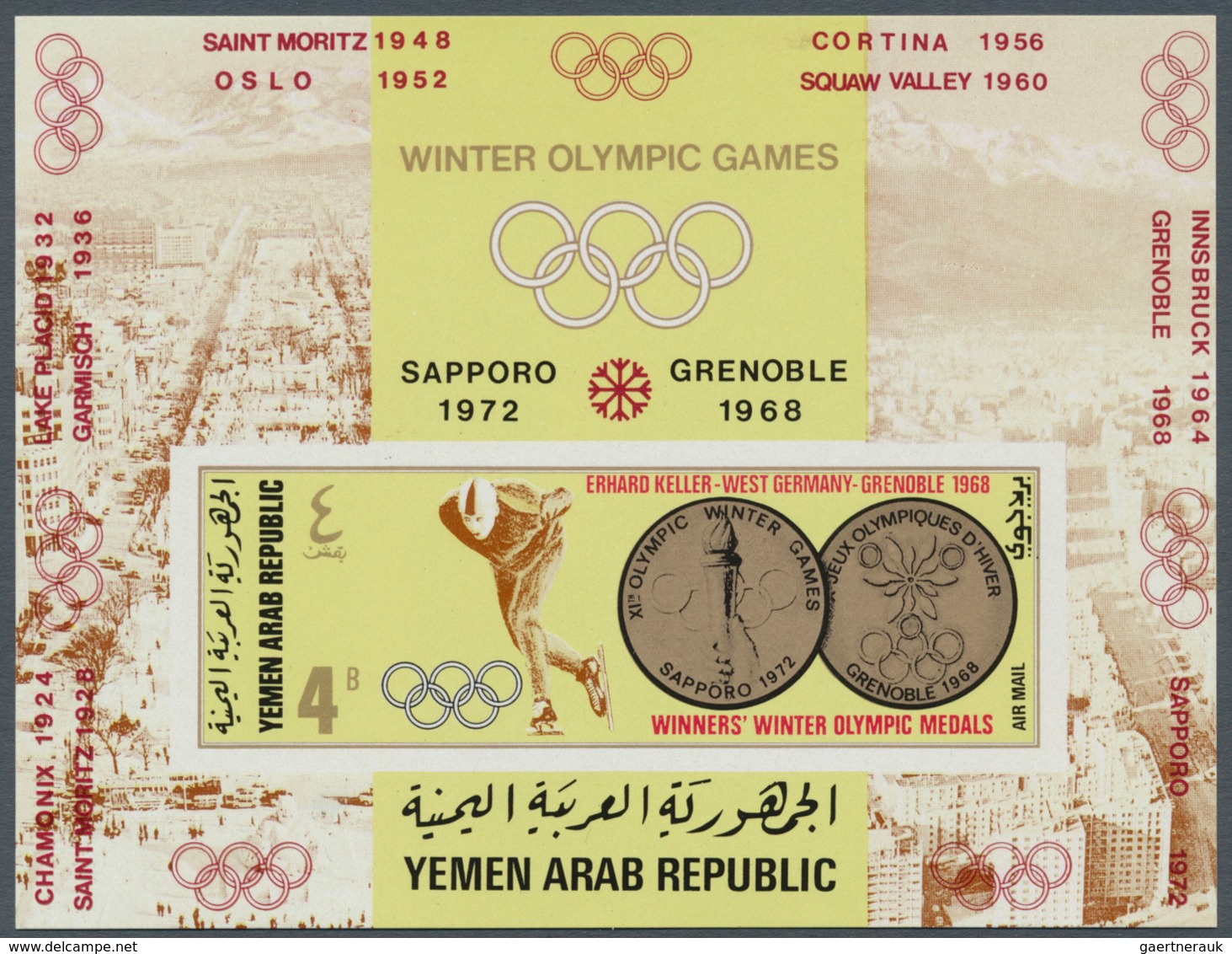 23065 Jemen: 1968, Gold Medallists Of Winter Olympics Grenoble Imperf. Miniature Sheet 4b. 'Erhard Keller, - Yémen