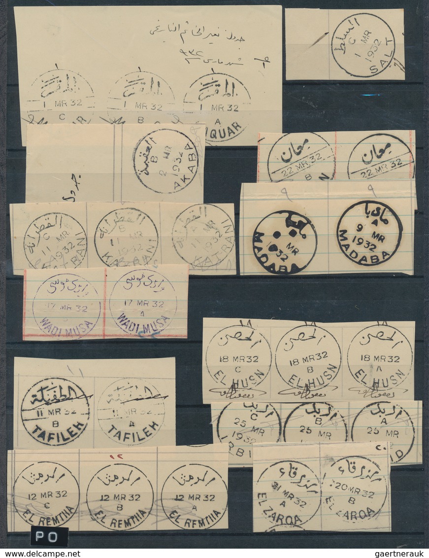 23291 Jordanien: 1932, Specimen Cancellations OF "SALT", "MAQUAR", "MAAN, "KATRANI", "WADI MUSA", "EL HUSN - Jordanie