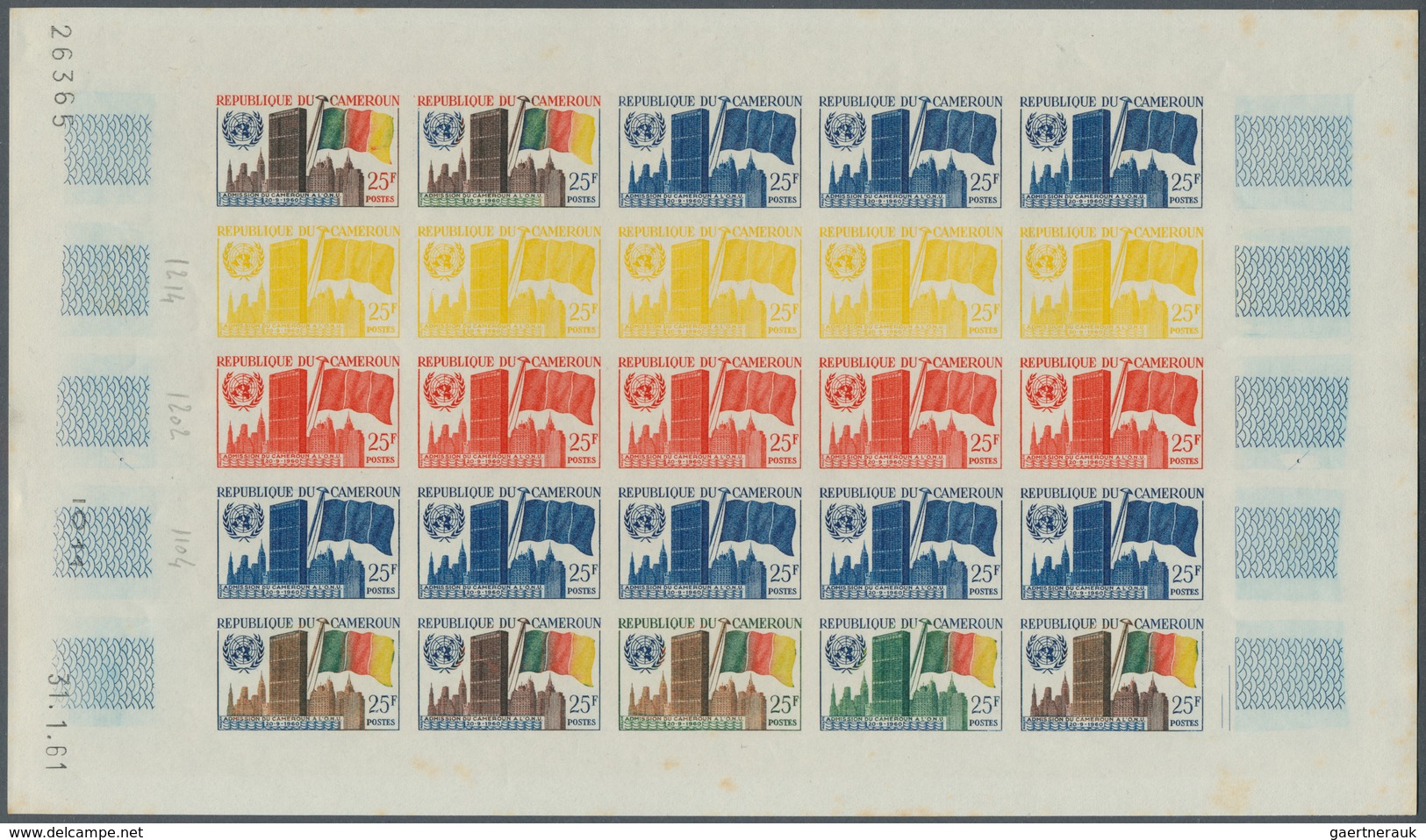 23319 Kamerun: 1960/1965 (ca.), Bestand Von Ca. 470 UNGEZÄHNTEN PROBEDRUCKEN In Teils Unterschiedl. Farben - Cameroun (1960-...)