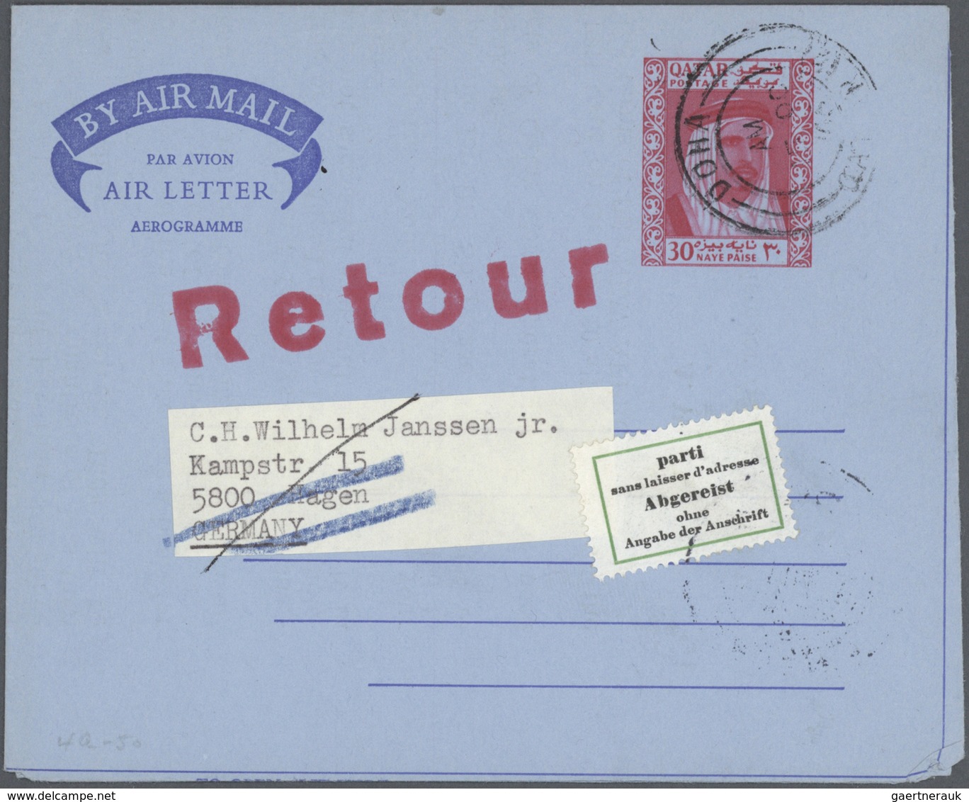 23327 Katar / Qatar: 1957-70, 8 Air Letter All Used, One To Germany And Retour With Label "PARTI / ABGEREI - Qatar
