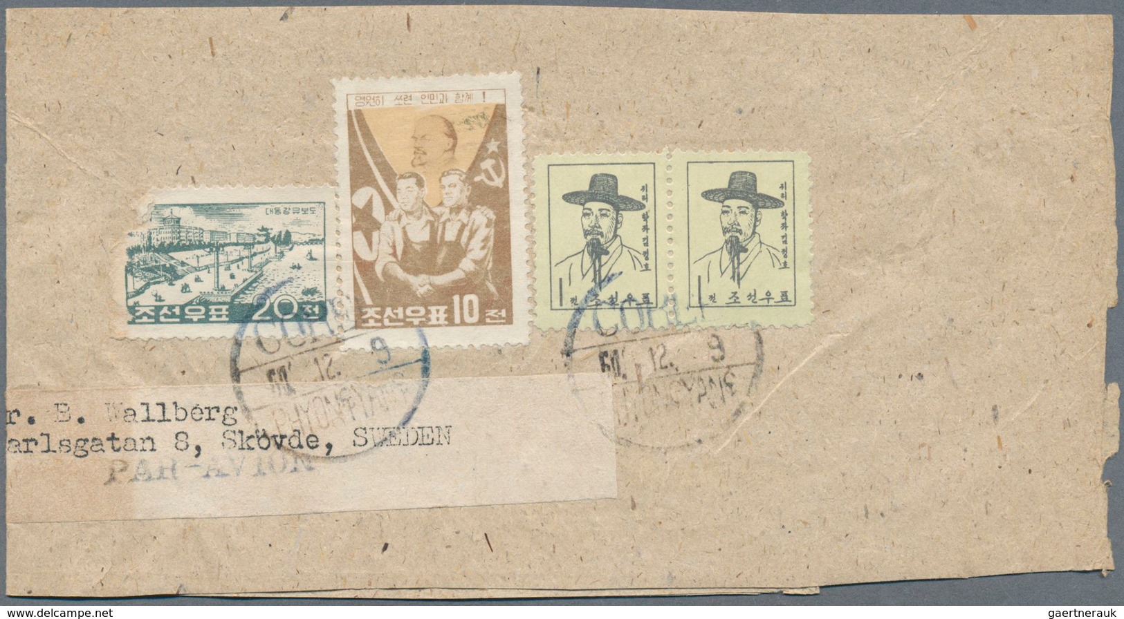 23361 Korea-Nord: 1952/63 (ca.), Cut-outs From Commercial Mail To Sweden Inc. Front Or Part-front Covers ( - Corée Du Nord