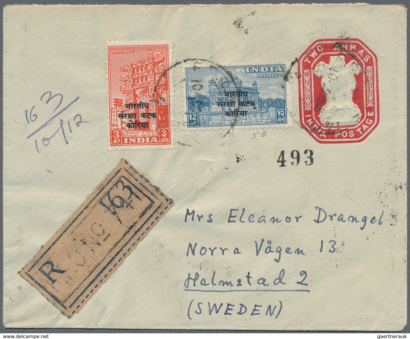 23368 Korea-Süd: 1953, Korean War, Indian FPO Used By Swedish NNSC: India Envelope 2 A. Uprated Military O - Corée Du Sud
