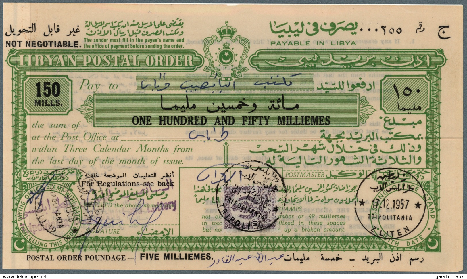 23496 Libyen: 1957 - 1959, wonderful lot of Libyan postal stationerys - Postal Orders - from 100 milliemès