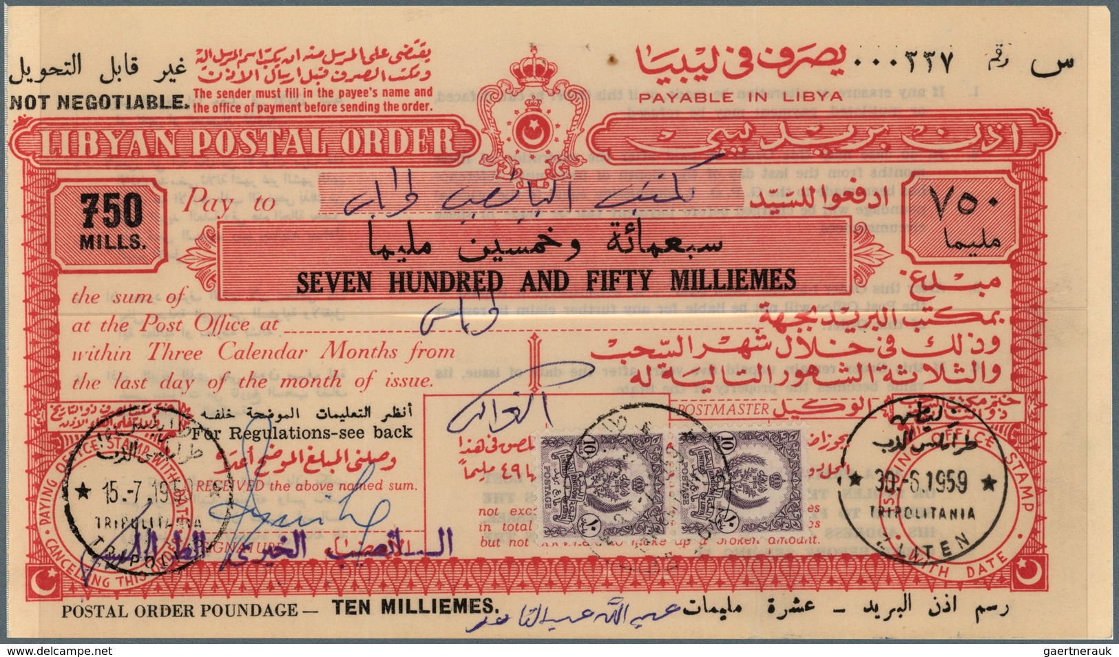 23496 Libyen: 1957 - 1959, wonderful lot of Libyan postal stationerys - Postal Orders - from 100 milliemès