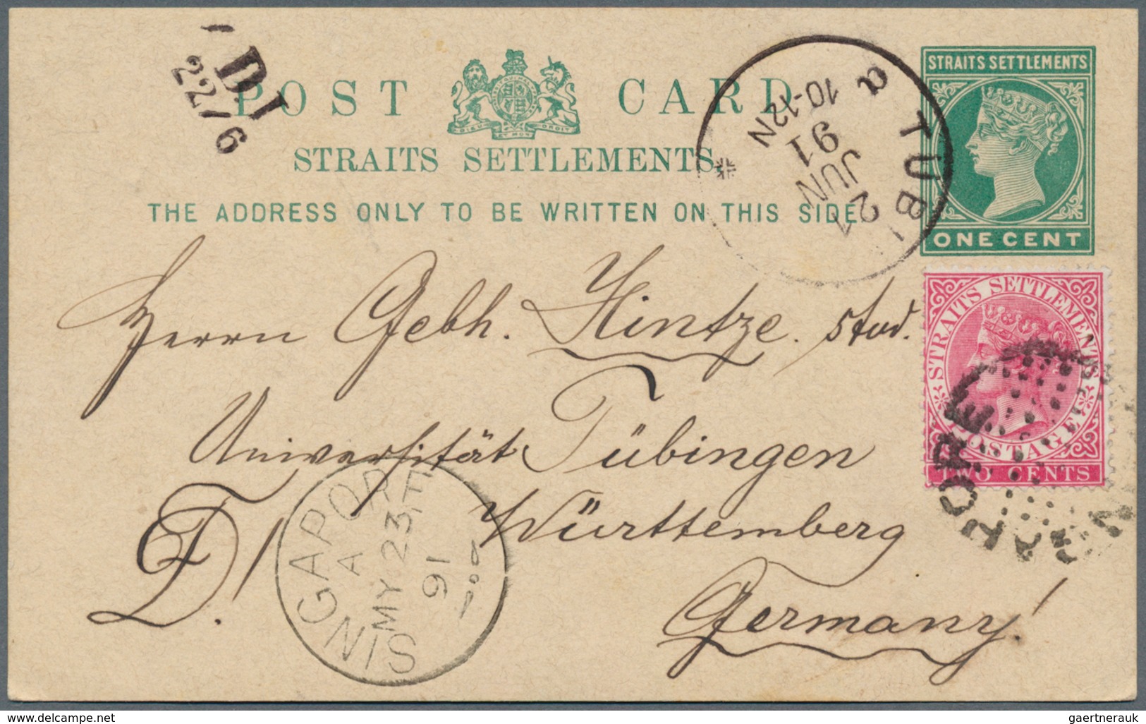 23517 Malaiische Staaten - Straits Settlements: 1891, Stationery Card QV 1 C Green Uprated 2 C Deep-rose B - Straits Settlements