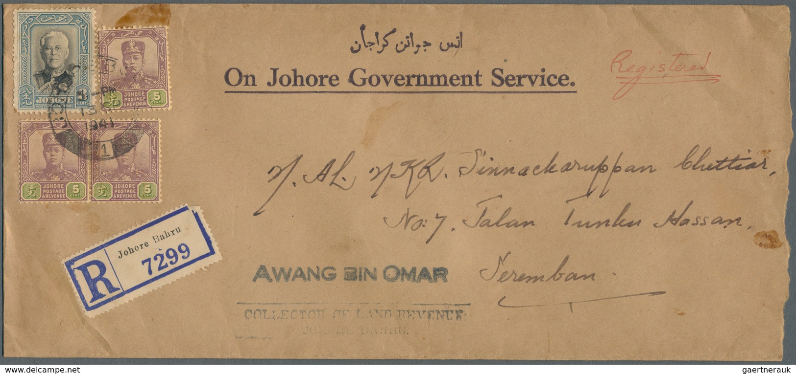 23544 Malaiische Staaten - Johor: 1923/1941 (ca.), Accumulation With Nine Commercial Covers Incl. Differen - Johore