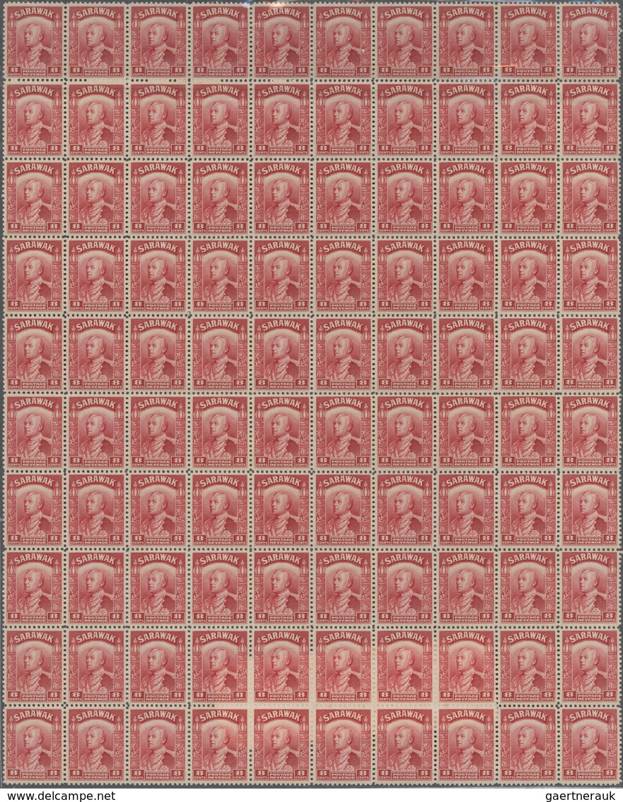 23563 Malaiische Staaten - Sarawak: 1934-41 Complete Sheets Of 100 Of 1c. Purple, 2c. Black And 8c. Carmin - Autres & Non Classés