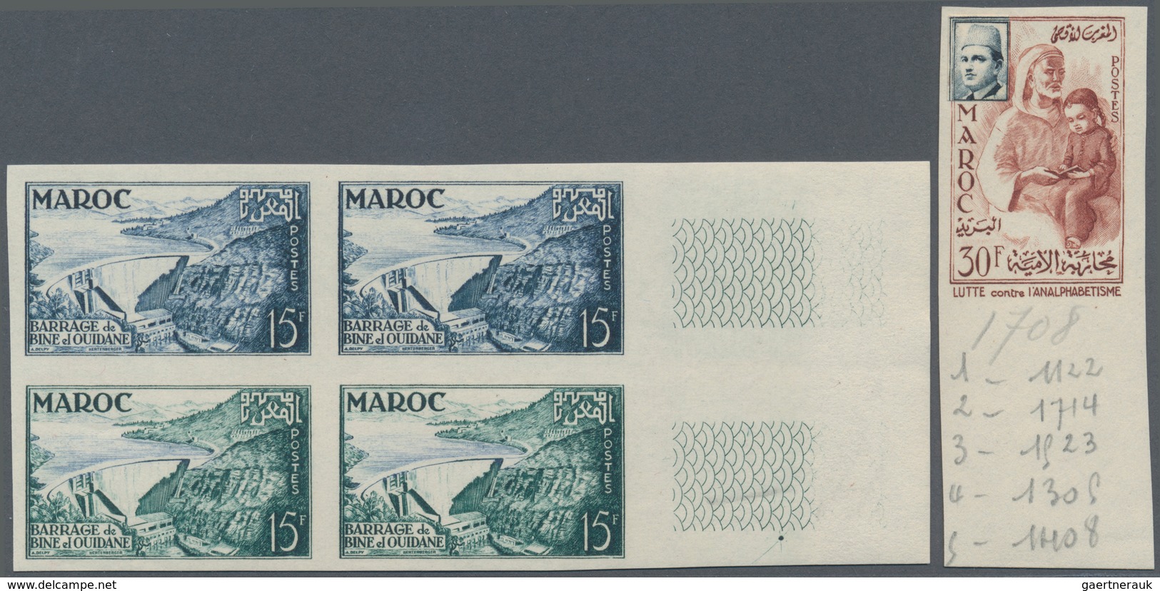 23602 Marokko: 1926/1962, Mainly Mint Assortment Of 30 IMPERFORATE Stamps Resp. Imperforate Colour Proofs. - Maroc (1956-...)