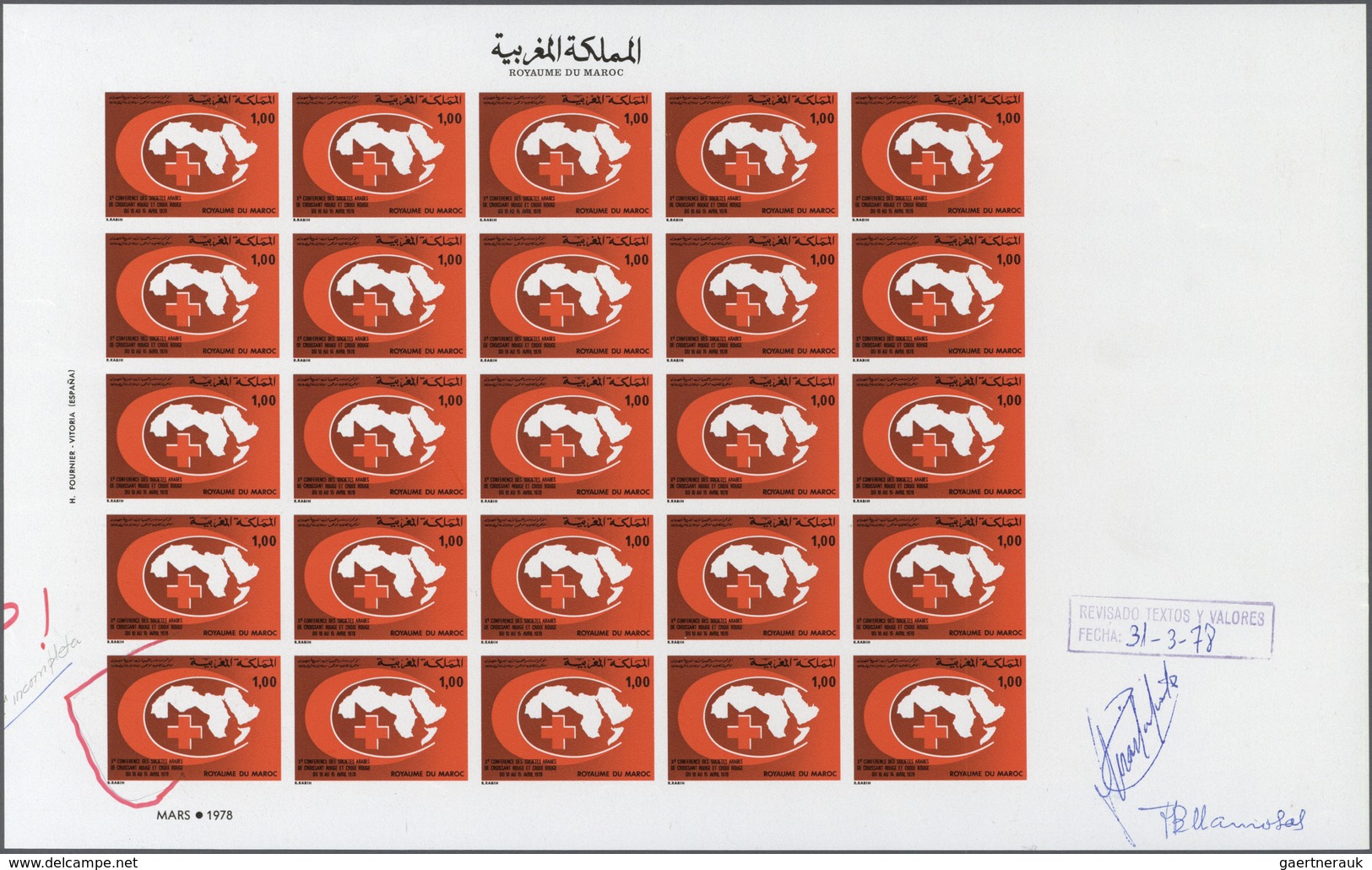 23626 Marokko: 1974/1978, U/m Assortment Including Red Cross Of Eleven UNCUT IMPERFORATE Sheets With Penci - Maroc (1956-...)