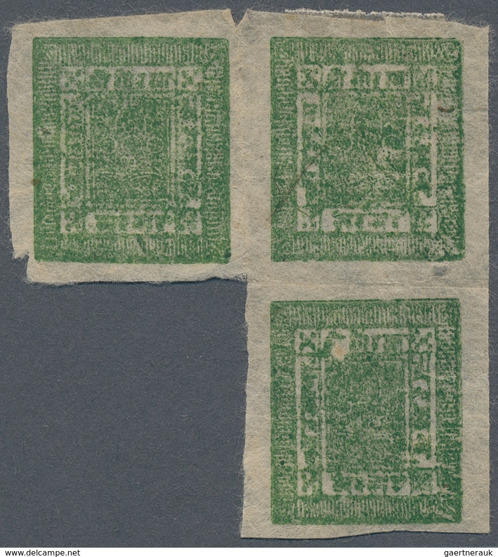 23690 Nepal: 1880/1940 (ca.), Mint And Used On Stock Card, Inc. 4 A. Green Unit Of 3, Plus 1 A. Black Larg - Népal