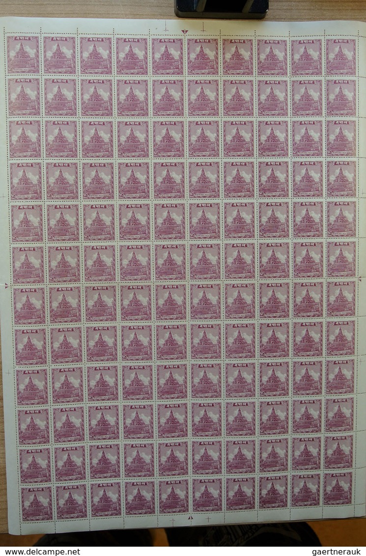 23700 Nepal: Box with ca. 65, mostly complete, MNH sheets of Nepal, including some nice thematic material.