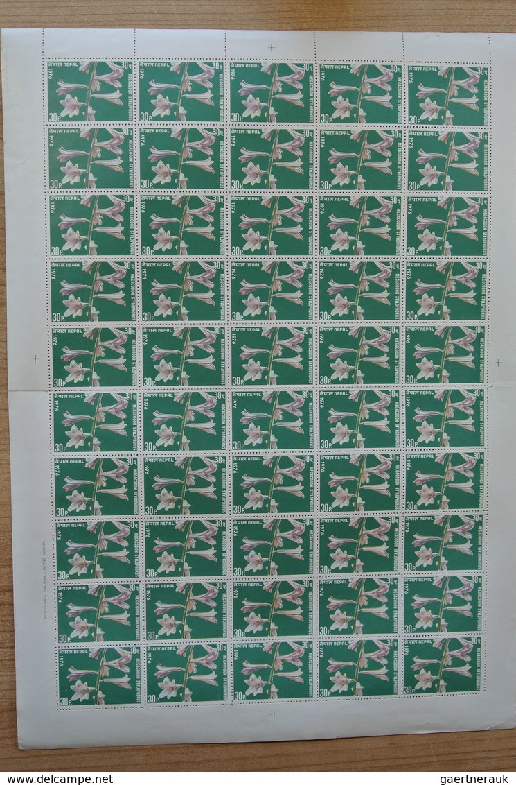 23700 Nepal: Box with ca. 65, mostly complete, MNH sheets of Nepal, including some nice thematic material.