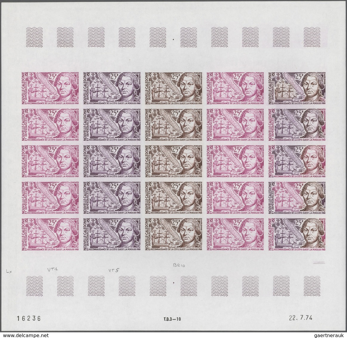 23709 Neukaledonien: 1974. Lot Of 5 Color Proof Sheets Of 25 For The Complete Issue "200th Anniversary Of - Autres & Non Classés