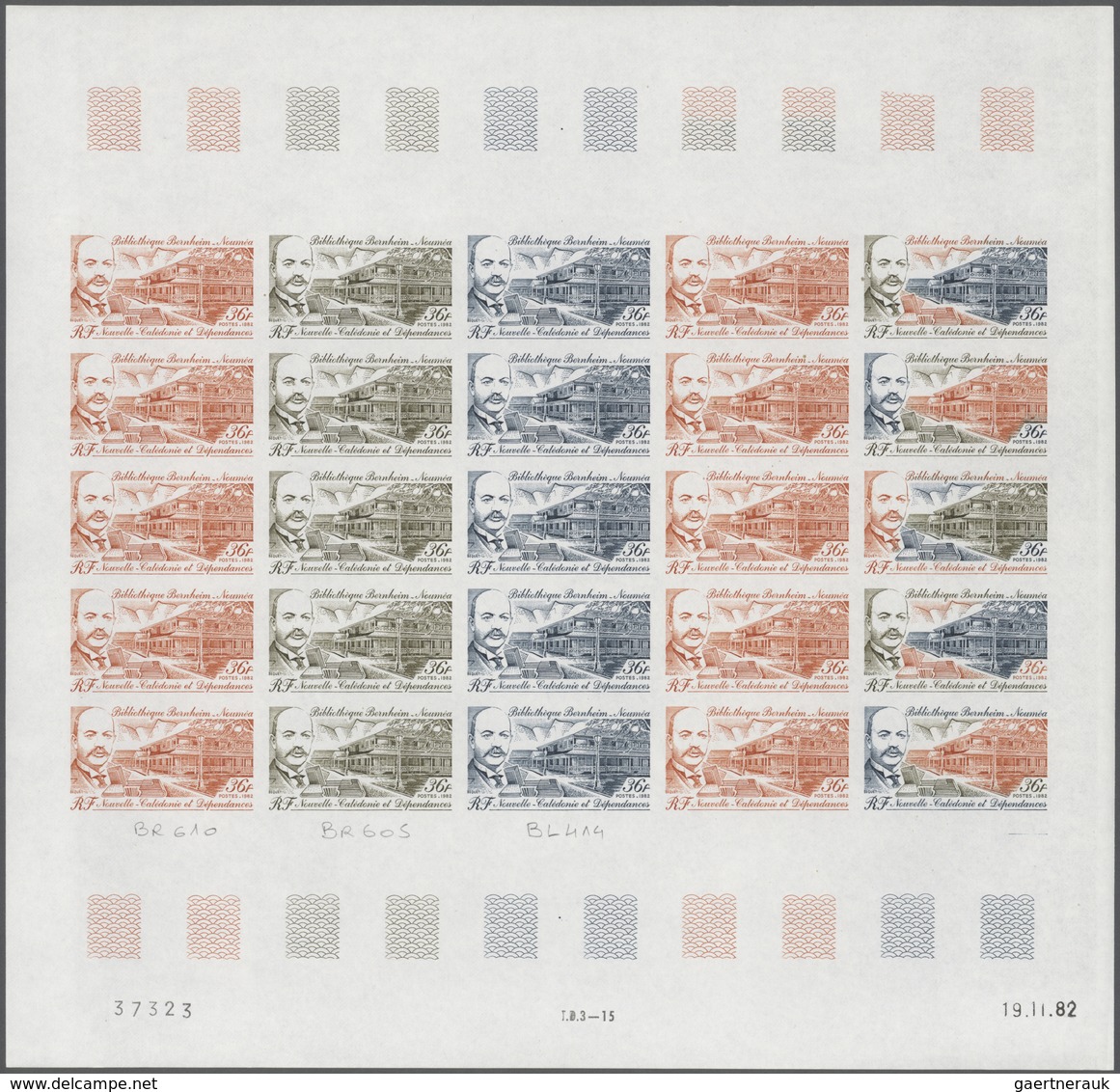 23710 Neukaledonien: 1982. Lot Of 2 Color Proof Sheets Of 25 For The Issue "Bernheim Library, Noumea". Pri - Autres & Non Classés