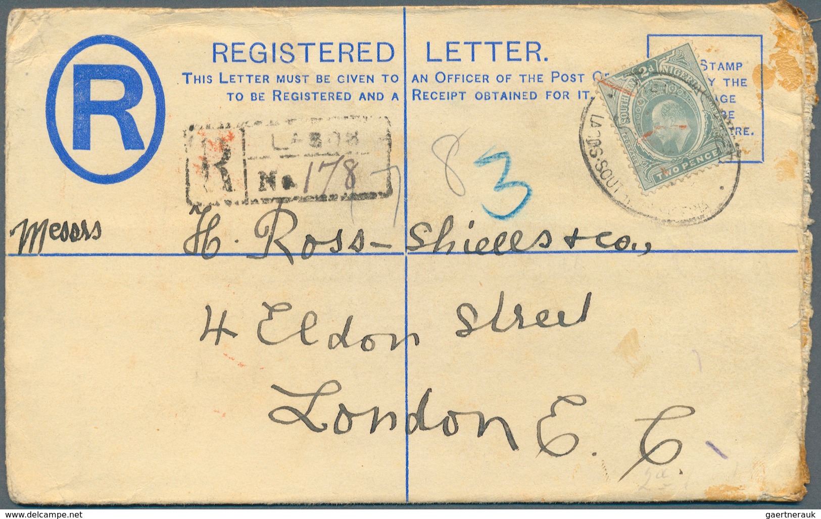 23752 Nigeria: 189371912, Lot Of Nine Comercial Items: Stationery Registered-covers, 1897 Niger-coast, Red - Nigeria (...-1960)